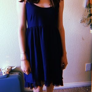 Navy blue scoop neck, uneven bottom trim dress